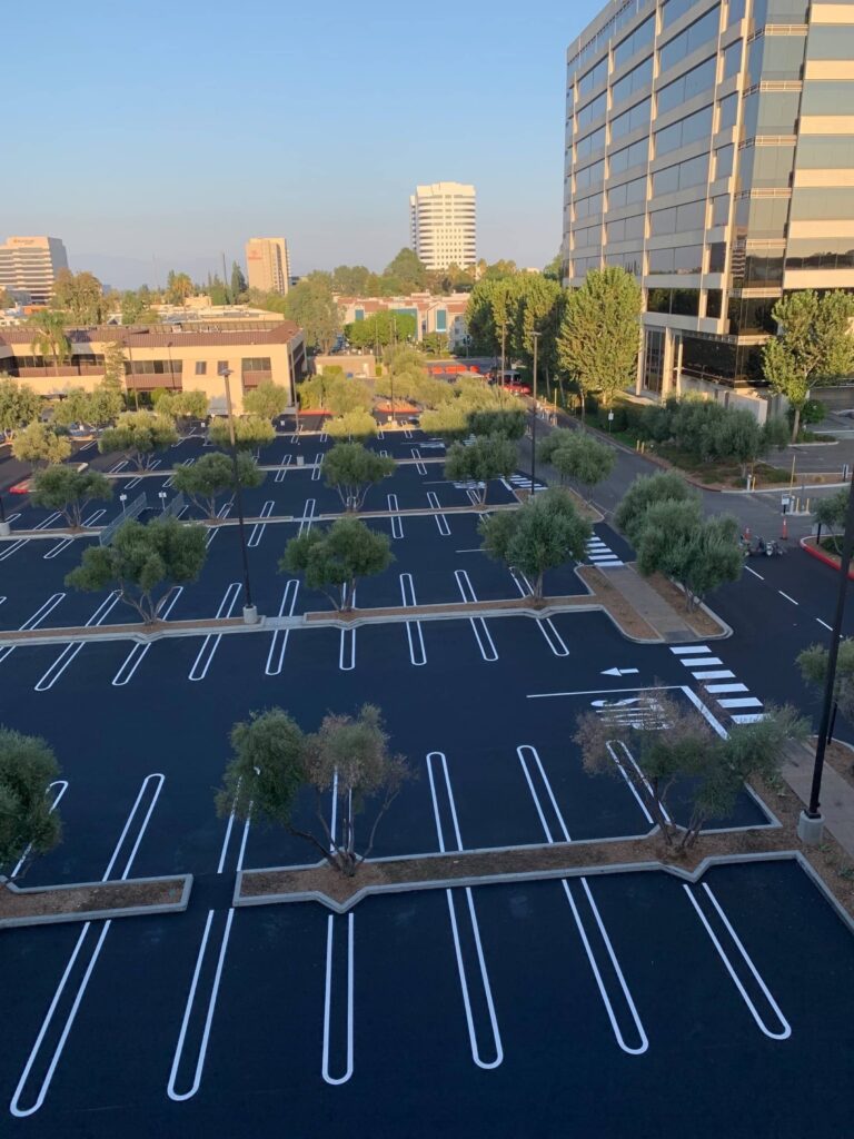arial image of fresh parking lot striping